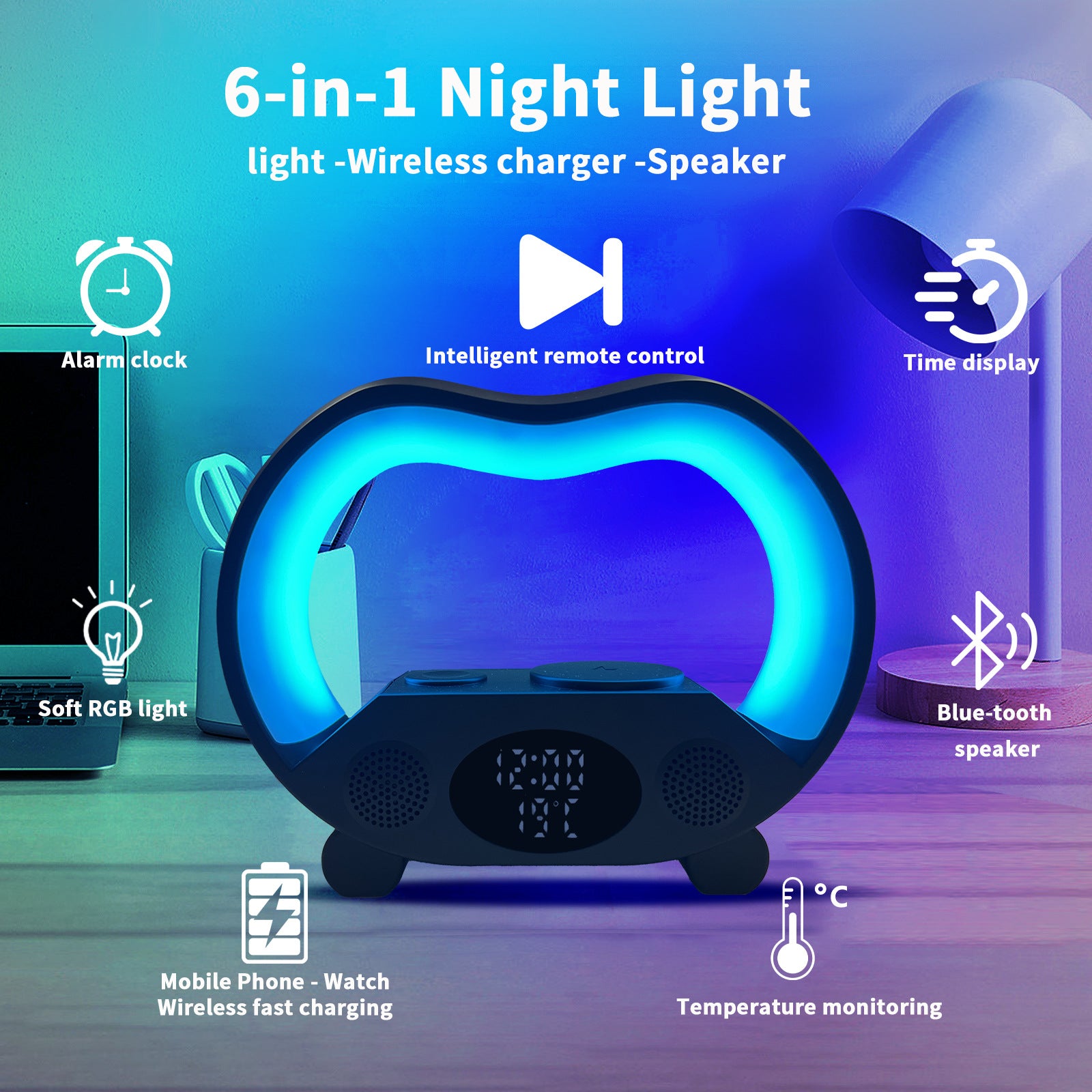 6-in-1 Smart LED Lamp with Bluetooth Speaker & Wireless Charger